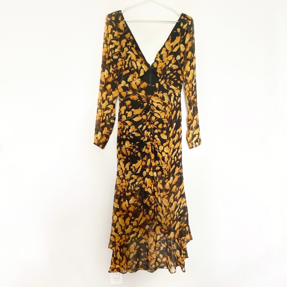 Sau Lee Michella Leaf Print Midi Dress Plunge Black Marigold Spring Boho Size 2 - Picture 8 of 15